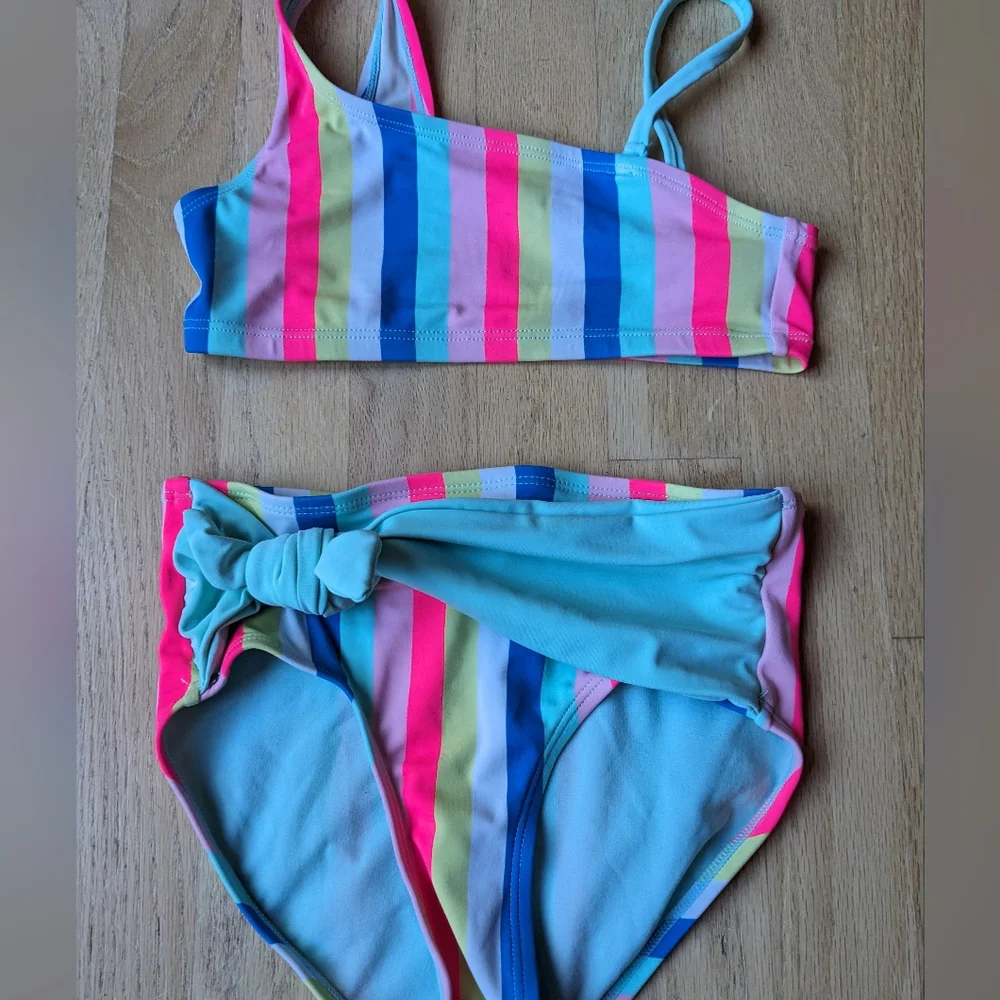 Justice rainbow striped high waisted Bikini size 8